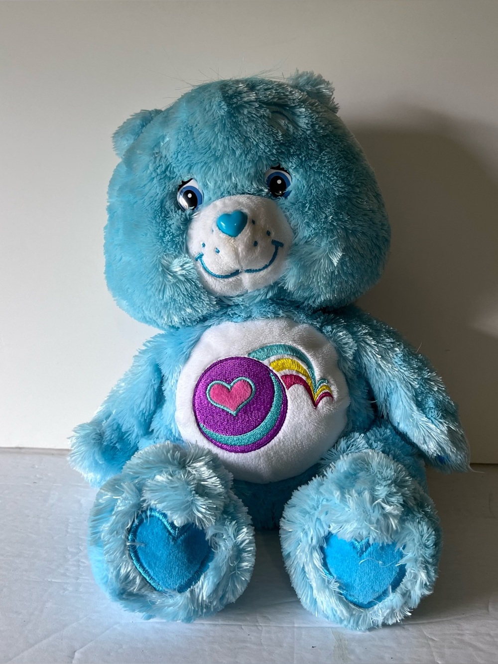 Vintage 2005 Care Bear Play-A-Lot Fluffy & Floppy 12” Blue Bear Ball & Rainbow